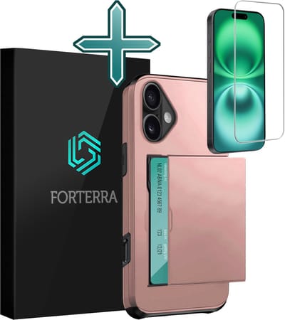 Hoesje Geschikt voor iPhone 16 Pashouder Hard Case Hoes Met Screenprotector - Hoes Geschikt voor iPhone 16 Hoesje Back Cover Met Pasjeshouder - Rosé goud
