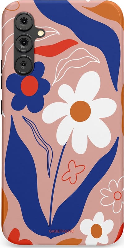 Casetastic hoesje geschikt voor Samsung Galaxy A34 (2023) 5G - Dubbellaagse bescherming - Eenvoud in bloei - Fashion Case - Perzik Donkerblauw Wit