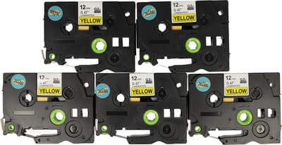 Dappaz - 5 stuks Compatible Brother Tze-631 / Qze-631 Label Tape - Zwart op Geel - 12mm x 8m - Geschikt voor Brother P-touch