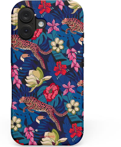 Casetastic hoesje geschikt voor Apple iPhone 16 - MagSafe - Dubbellaagse bescherming - Jungle parade - Fashion Case - Donkerblauw Bordeaux Taupe Donkergrijs