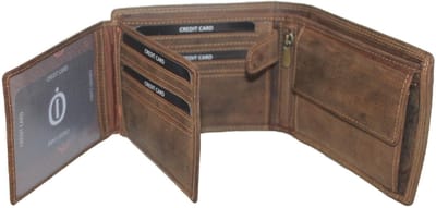 Oi Hunter bruine leren heren Billfold laag model voor veel pasjes / heren portemonnee met dubbel bakje voor kleingeld / herenbeurs met twee vakjes voor muntgeld en 13 creditcards / RFID SAFE / bruin leer / 223H
