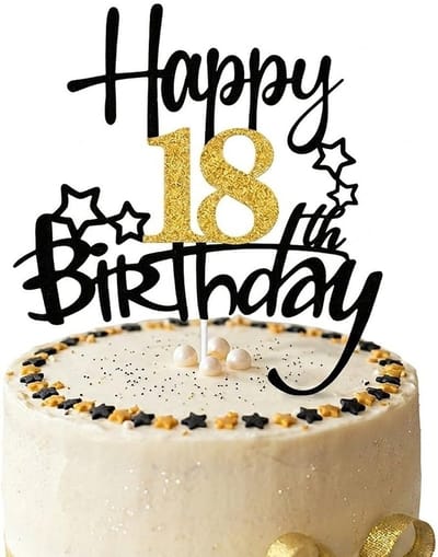 1 Stuk Taartdecoratie 18e Verjaardag, Happy 18th Birthday Krukdecoratie in Goud en Zwart met Sterren, Topper voor Verjaardagsfeest, Versiering voor Jongens en Meisjes