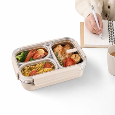 VHV - Lunchbox - Broodtrommel - Lunchbox met 3 Vakken - 304 RVS Broodtrommel - Luchtdicht & Lekvrij - Magnetronbestendige Voedselcontainer - 22.5x16.5x7 cm - Beige