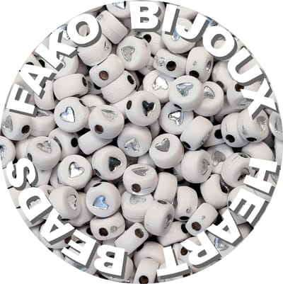 Fako Bijoux® - Letterkralen Rond - Hartjes Kralen - Acryl - Sieraden Maken - 7mm - 250 Stuks - Wit/Zilver
