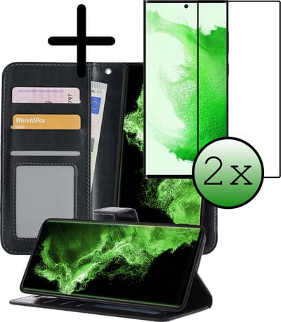 Hoesje 2 in 1 - Geschikt voor Samsung Galaxy S22 Ultra - Met 2x Screenprotector - En Uitneembare Hard Cover - Bookcase - Wallet Case - Met Pasjeshouder - Book Case - Uitneembaar - Pashouder - Kunstleer - Zwart