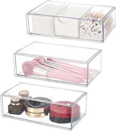 Cosmetische Organizer Set van 2, Stapelbare Acryl Organizer voor Badkamer, Transparante Lades voor Make-up, Wattenstaafjes en Parfum