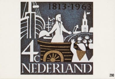 Briefkaart met afbeelding Onafhankelijkheidszegels : Landing van de Prins van Oranje te Scheveningen postzegel