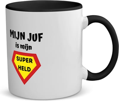 Akyol - mijn juf is mijn superheld koffiemok - theemok - zwart - Juf - super juf - verjaardag - cadeautje voor juf - juf artikelen - kado - geschenk - collega's - 350 ML inhoud