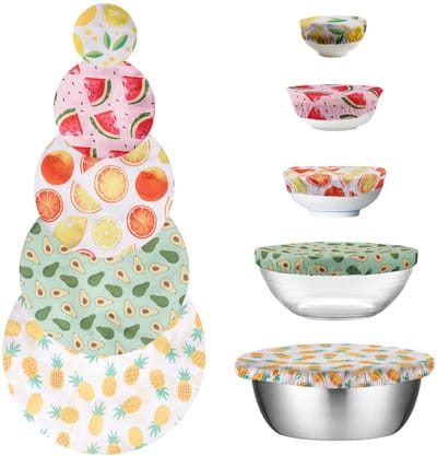 Dailygoods- Voedselhoes 5 Stuks - Herbruikbare Stoffen Hoezen - Verstelbare Deksels - Stretch Doek - Voedsel Opslag - Geschikt voor Potten/Kommen - Afdekhoezen