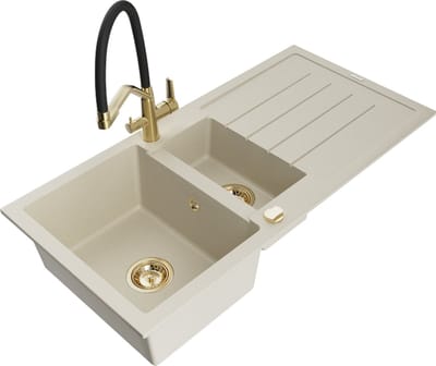 Mexen Andres granieten spoelbak 1,5-komorige met afdruiprek en keukenkraan Duo, beige - 6515-69-671701-57-G