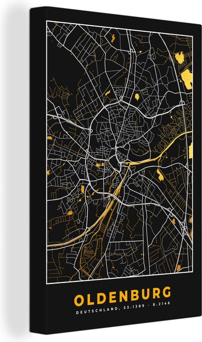 Canvas Schilderij Oldenburg - Duitsland - Goud - Stadskaart - Plattegrond - Kaart - 20x30 cm - Wanddecoratie