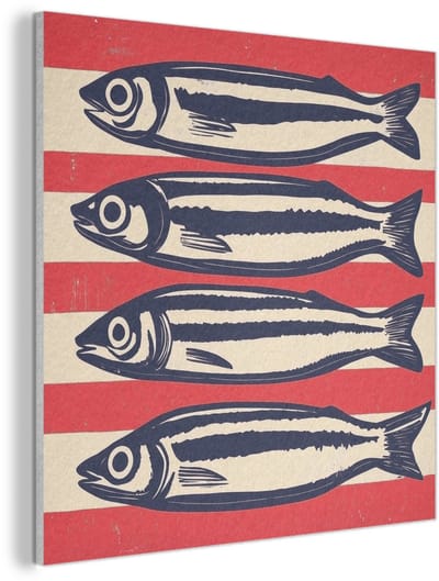 Akoestisch wandpaneel 40x40 cm - Vilt schilderij Sardines - Rood en beige strepen - Akoestische panelen - Geluidsdempende wanddecoratie - Geluidsisolatie woonkamer - Muurdecoratie geluidspanelen