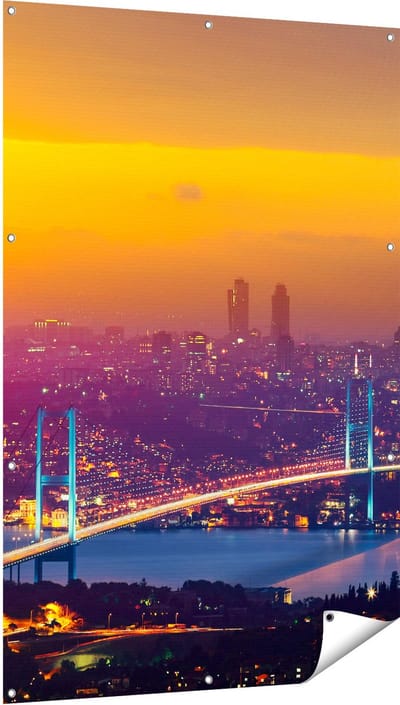 Gards Tuinposter Bosporusbrug in Istanbul bij Zonsondergang - 100x150 cm - Tuindoek - Tuindecoratie - Wanddecoratie buiten - Tuinschilderij