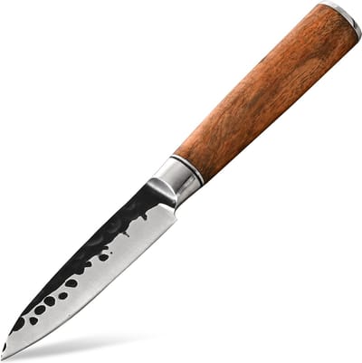 KAAMUT® Schilmes 9 cm Gehamerd Koolstofstaal – Vlijmscherp – Professioneel Koksmes – Zwarte Finish – Massief Houten Handvat
