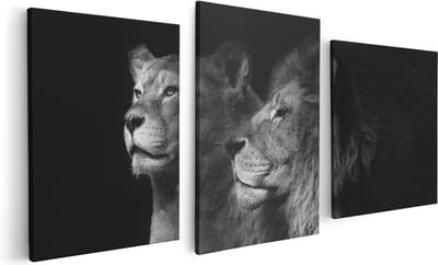 Artaza Canvas Schilderij Drieluik Leeuw En Leeuwin - Zwart Wit - 120x60 - Foto Op Canvas - Canvas Print
