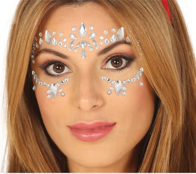 Fiestas Guirca Festival Gezicht stickers - zilver - glitter diamantjes - strass steentjes/plakdiamantjes - Face jewels