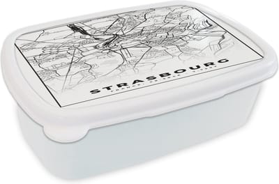 Broodtrommel Wit - Lunchbox - Brooddoos - Frankrijk - Kaart - Strasbourg - Plattegrond - Stadskaart - Zwart wit - 18x12x6 cm - Volwassenen