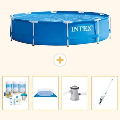 Intex Rond Frame Zwembad - 305 x 76 cm - Blauw - Inclusief Onderhoudspakket - Grondzeil - Zwembadfilterpomp - Stofzuiger - 5-delig