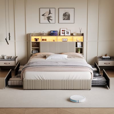 Bedframe met Lades 160x200 – LED & USB-C + Stopcontact – Hoofdbord met Opbergvakken – Linnen Beige