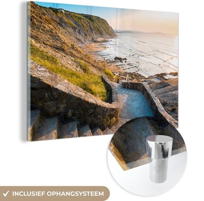 MuchoWow® Glasschilderij 120x80 cm - Schilderij acrylglas - Zee - Trap - Stenen - Foto op glas - Muurdecoratie woonkamer - Wanddecoratie slaapkamer - Schilderijen