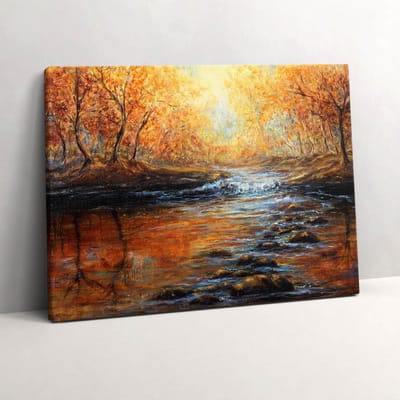 Wallfluent Foto Op Canvas Een herfstbos beschilderd met verf - 80 x 60 cm - Bruin Schilderij Op Canvas - Landschappen Foto Op Doek - Natuur Schilderij Doek - Kunst Schilderij Canvas