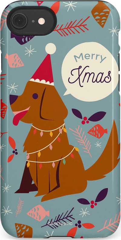 Casetastic hoesje geschikt voor Apple iPhone SE / Apple iPhone 7 / Apple iPhone 8 - Dubbellaagse bescherming - Merry Christmas Hond - Fashion Case - Zilver Bruin Saliegroen Rood
