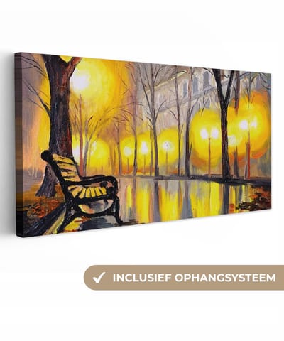 Canvas - Licht - Bomen - Bank - Muurdecoratie - Woondecoratie - Schilderij - Oil painting - 40x20 cm - Wanddecoratie