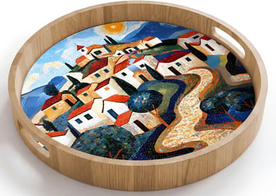 Dienblad rond 40x40 cm - Schootdienblad hout - Dorp - Heuvelachtig - Zon - Mozaïek - Borrelplank rechthoek - Plateau houten dienbladen