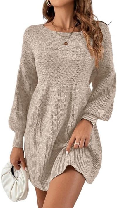 Dames Gebreide Jurk met Ronde Hals en Pofmouwen Elegante Mini Jurk