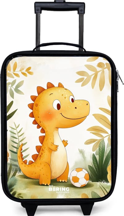 NoBoringSuitcases.com® - Kinderkoffer jongen - Kindertrolley meisje - Dino - Voetbal - Oranje - Koffer kind lichtgewicht - Reiskoffer trolley voor kinderen - Koffertje met lichtgevende wieltjes - Rolkoffer zwart