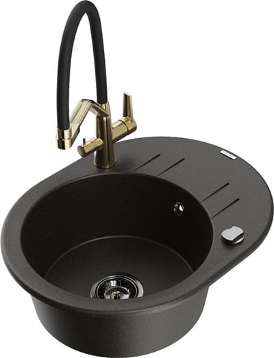 Mexen Kevin granieten spoelbak met 1 bak en Duo keukenkraan, zwart/goud metallic - 6517-75-671701-57-B