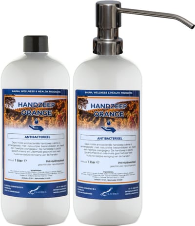 Handzeep Orange 1 liter - set van 2 stuks - met gratis RVS zilverkleurige pomp - Voordeelverpakking