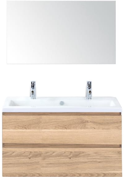 Vogue Badmeubelset 100 cm - Greeplijst in Kleur - Grey Oak - Keramische Wastafel Wit 2 Kraangaten met Spiegel