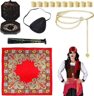 Piratenkostuum Accessoireset met Piraat Ooglap, Verrekijker en Doodskop Tas - Perfect voor Carnaval en Themapartijen voor Dames en Meisjes