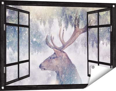 Gards Tuinposter Doorkijk Hertenkop - Hert op een Bomen Achtergrond - 90x60 cm - Tuindoek - Tuindecoratie - Wanddecoratie buiten - Tuinschilderij