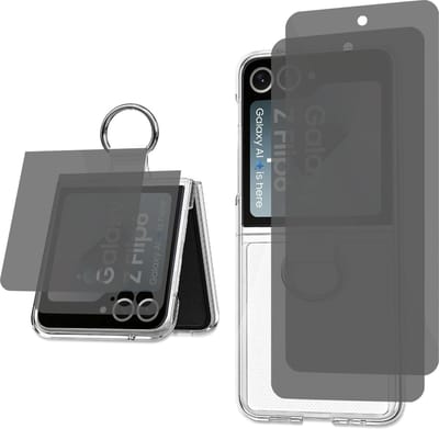Hoesje + 2x Privé Screenprotector geschikt voor Samsung Galaxy Z Flip 6 / Flip 7 FE – Privacy Folie - Extreme Shock Case – Ring Houder