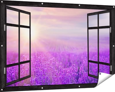 Gards Tuinposter Doorkijk Bloemenveld met Paarse Lavendel - 150x100 cm - Tuindoek - Tuindecoratie - Wanddecoratie buiten - Tuinschilderij