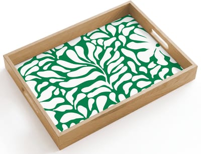 Dienblad hout 40x30 cm - Schootdienblad - Bloemen patroon - Groen - Wit - Print - Borrelplank rechthoek - Plateau dienbladen