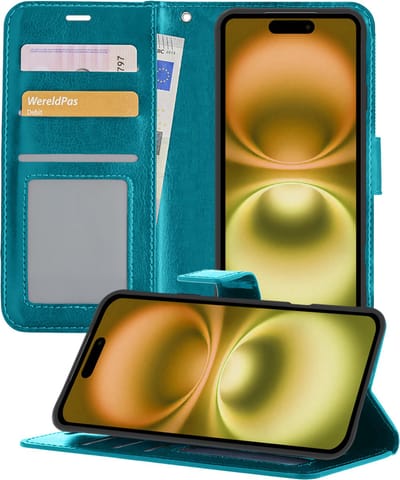 Hoesje - Met Pasjeshouder - Geschikt voor Apple iPhone 16 - Luxe Bookcase Portemonee - Flip Case - Kunstleer Book Case - Flipcase - Book Cover - Walletcase - Portemonneehoes - Telefoonhoesjes - Turquoise