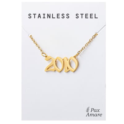 Jaartal 2010 Ketting Goudkleurig - Stainless Steel - Sieraad op Cadeau Kaartje - Jaar Hanger - Pax Amare