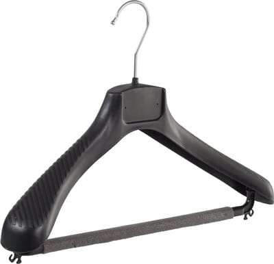 De Kledinghanger Gigant - Mantelhanger - Kostuumhanger - Jassenhanger - Volwassenen - FG39 - 50 Stuks - Kunststof - Zwart - Gebogen Model - Schouderverbreding 6 cm - Broeklat met Schuim - 39 cm - Kledinghanger - Kleerhanger - FG-Serie (FG39/BS_00/50)