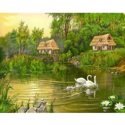 Peinture diamant thème  Village lac cygnes , broderie 3D, point de croix, strass, mosaïque, décor, à faire soi-même, 5D 20X30CM brown