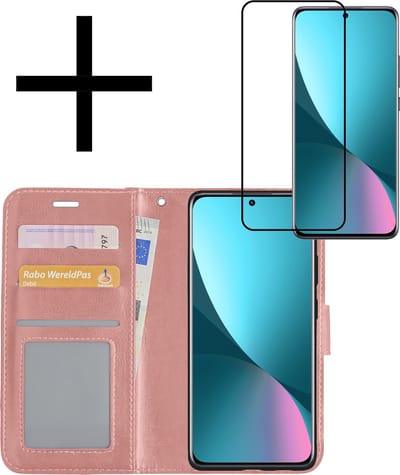 Hoesje - Met Screenprotector - Geschikt voor Xiaomi 12 - Luxe Pasjeshouder - Bookcase Portemonee - Flip Case - Kunstleer Book Case - Flipcase - Book Cover - Walletcase - Portemonneehoes - Rosé goud