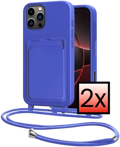 Hoes Geschikt voor iPhone 16 Pro Hoesje Pasjeshouder Cover Met Koord Case Siliconen Hoes Met Telefoonkoord en Kaarthouder - Felblauw - 2 PACK