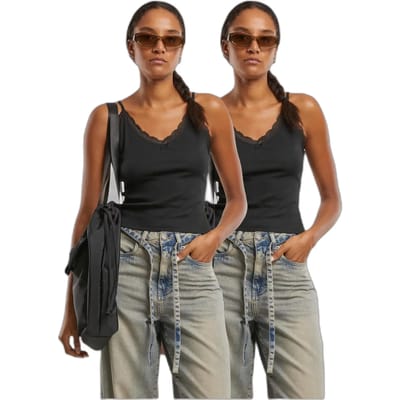 Urban Classics - VNeck Lace Mouwloze top - XS - Zwart/Zwart