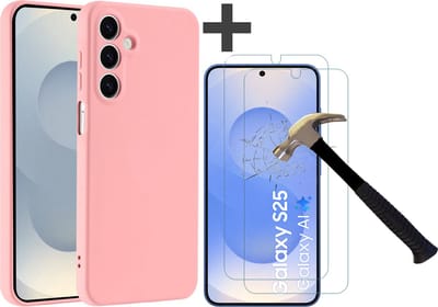 Hoesje geschikt voor Samsung Galaxy S25 hoesje zacht siliconen met 2 Stuks gehard glas Screenprotectors- Arara backcover - Licht Roze
