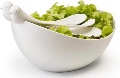 Qualy - Slabak Met Vogeltjes Bestek - Sparrow Salad Bowl & cutlery - Wit