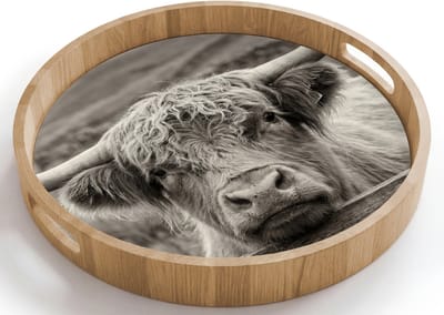 Dienblad rond 40x40 cm - Schootdienblad hout - Schotse hooglander - Zwart - Wit - Hout - Borrelplank rechthoek - Plateau houten dienbladen