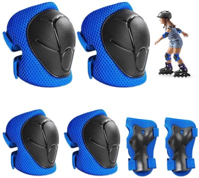 Blauwe Complete Kinder Sportbeschermset Maat S (15-40kg), 6-delig bestaande uit 2 kniebeschermers + 2 polsbeschermers + 2 handbeschermers, PP hardkap met dikke schuimvulling en ademend gaas voor skeeleren, fietsen en skaten