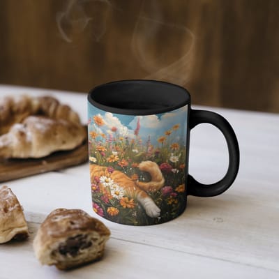 Magische Mok - Foto op Warmte Mokken - Koffiemok - Kat - Bloemen - Ontspannen - Magic Mok - Beker - 350 ML - Theemok